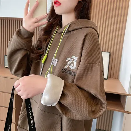 华夫格卫衣女秋冬韩版宽松设计感小众小个子百搭学生加绒加厚外套图片