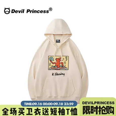 ulzzang小众卡通潮牌杏色卫衣女oversize大版宽松学院风帽衫上衣图片