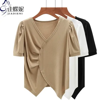夏季新款韩版V领宽松泡泡袖褶皱纯棉纯色短袖体恤上衣内搭女打底图片