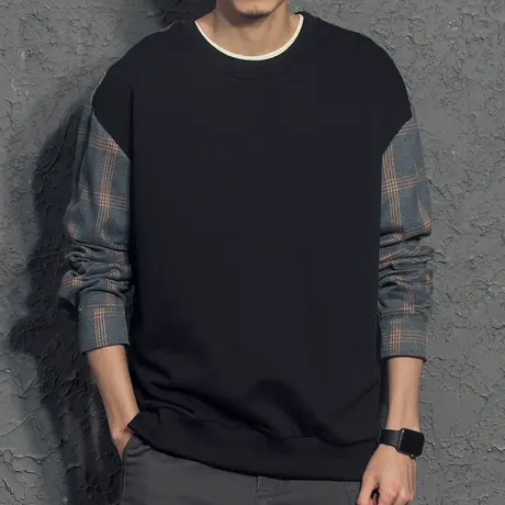 奕飏格子拼接落肩圆领卫衣潮男春秋款日系复古拼色假两件上衣打底图片