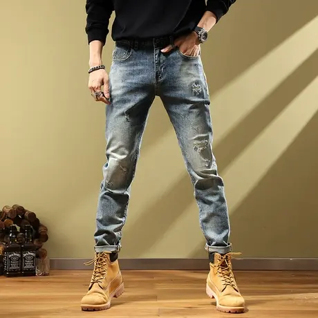 民族风贴布破洞秋季牛仔裤男复古做旧水洗弹力修身小脚春秋长裤子商品大图