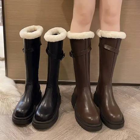 2023年新款秋冬季网红爆款羊毛厚底中筒骑士靴粗腿长筒靴女冬加绒商品大图
