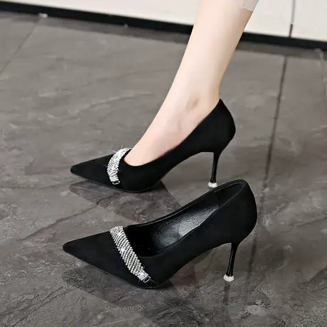 永希单鞋女夏季2023新款细跟尖头水钻气质法式黑色时髦职业高跟鞋商品大图