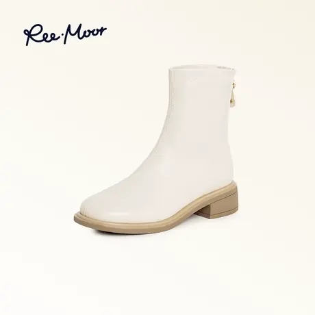 REEMOOR睿慕白色短靴女优雅瘦瘦靴2023秋冬新款气质中筒小踝靴图片