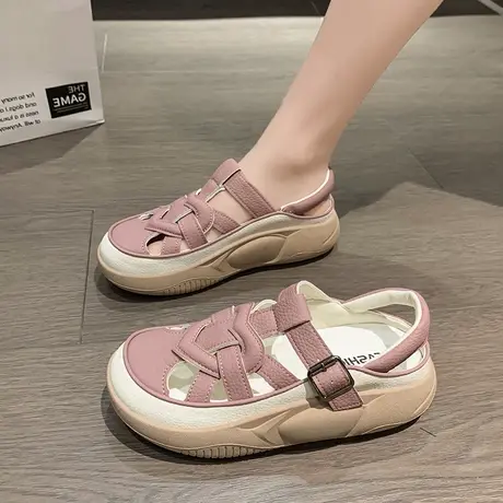 一字扣带单鞋女透气2023夏季新款韩版休闲风耐穿舒适包头软底凉鞋商品大图