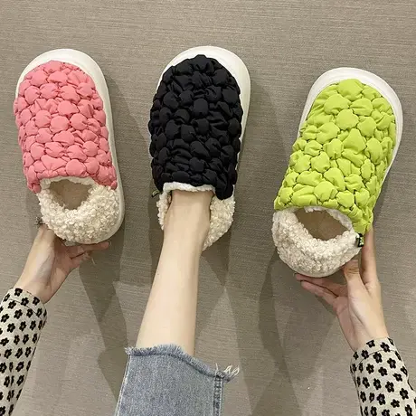 防水棉拖鞋女冬季可爱泡芙毛绒厚底防滑保暖室内居家包跟月子棉鞋商品大图