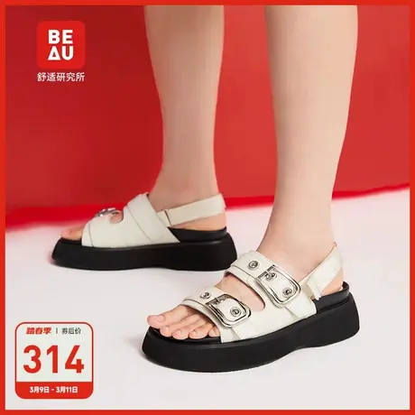 BEAU厚底增高脚胖宽女凉鞋魔术贴真皮罗马凉鞋女外穿圆头松糕鞋黑图片