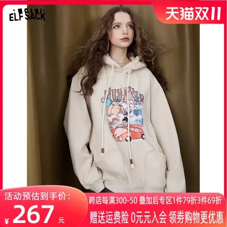 妖精的口袋印花连帽卫衣女2023冬季新款小个子宽松长袖设计感上衣图片