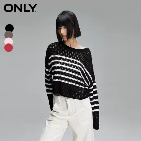 【直播专享】ONLY2024春季新款条纹落肩毛衣针织衫女|124113007商品大图