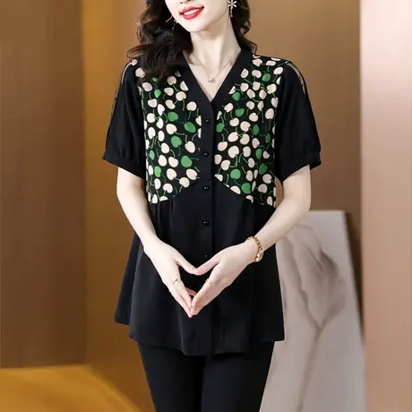 2023夏季新款大码宽松V领印花衬衫时尚洋气减龄小衫胖MM遮肚衬衣商品大图