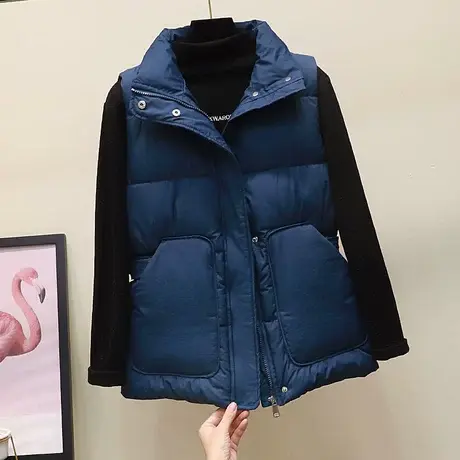 2023新款韩国气质纯色立领腰边系带加厚羽绒棉马甲短款女无袖棉服商品大图