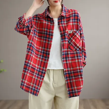 dza 文艺复古格子衬衫女士长袖百搭外穿上衣新款秋季内搭休闲衬衣商品大图