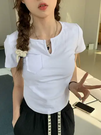 纯欲白色不规则v领正肩短袖t恤女夏季设计感小众辣妹修身显瘦上衣图片