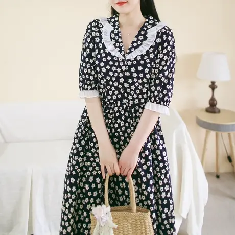 胖妹妹夏季2023新品棉质印花复古连衣裙加大码微胖花边领显瘦长裙商品大图