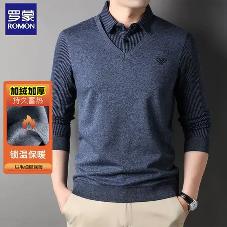 罗蒙加绒加厚假两件针织衫男士春秋季商务休闲亲肤保暖套头打底衫图片