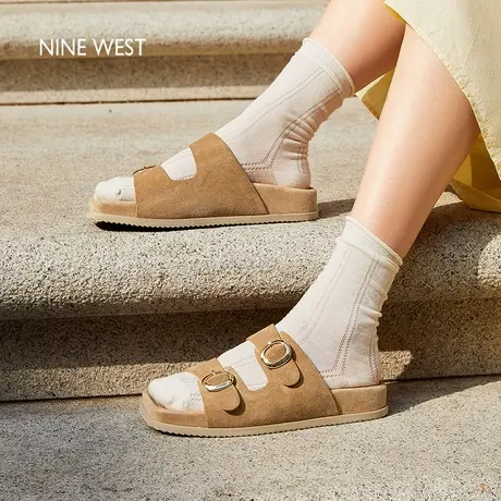 Nine West/玖熙勃肯拖鞋女2025夏季新款方头厚底真皮外穿通勤凉拖图片