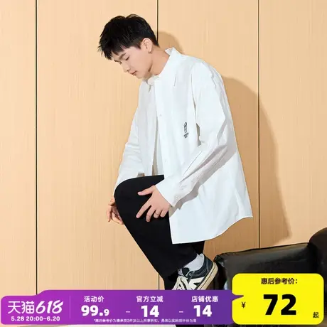 唐狮早秋新款男长袖衬衫情侣同码翻领前胸单口袋图案绣花长袖衬衫商品大图