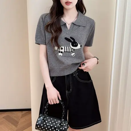 唐狮夏季新款针织衫短袖女趣味动物图案翻领套头时尚上衣Y图片