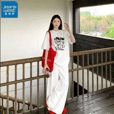 KHV真维斯白色正肩短袖t恤女夏2025新款宽松大码女装上衣纯棉半袖商品大图