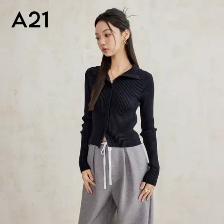 A21女装合体翻领平肩开襟毛衫修身显瘦高领保暖外穿商品大图