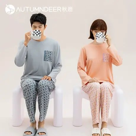 【多款可选】秋鹿纯棉睡衣女春秋长袖长裤少女男士家居服情侣套装商品大图