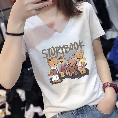 胖mm大码女装美式v领小个子宽松纯棉短袖t恤ins潮牌夏季别致上衣商品大图