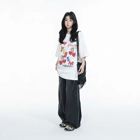 YEP美式复古樱桃字母印花短袖宽松t恤女夏季2025新款情侣半袖上衣商品大图