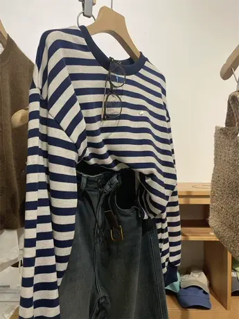 日杂风 金属扣圆领套头撞色条纹卫衣女2023秋款毛圈料短款上衣图片