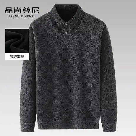 男士上衣秋冬2022新款加绒加厚格子雪尼尔假两件毛衣中老年爸爸装商品大图