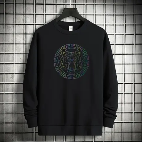 重磅纯棉黑色卫衣男潮ins宽松摇粒绒长袖t恤潮流虎头圆领无帽上衣商品大图