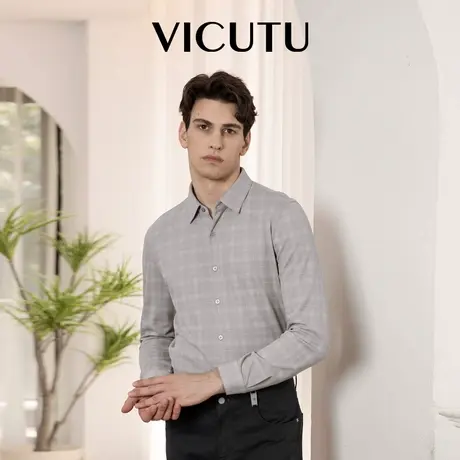 VICUTU威可多男士长袖T恤舒暖时尚格纹衬衣商务通勤休闲百搭衬衫图片