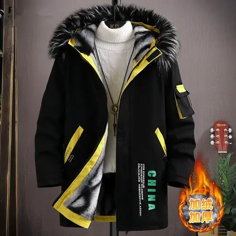 中长款外套男秋冬季加绒加厚棉衣男士青少年大毛领连帽国潮派克服商品大图