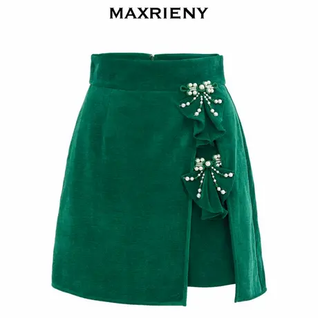 MAXRIENY新中式复古感绿水丝绒高腰半裙商品大图