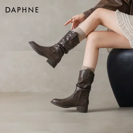 达芙妮美拉德短靴子女2025新款秋冬棕色加绒牛仔堆堆靴尖头骑士靴商品大图