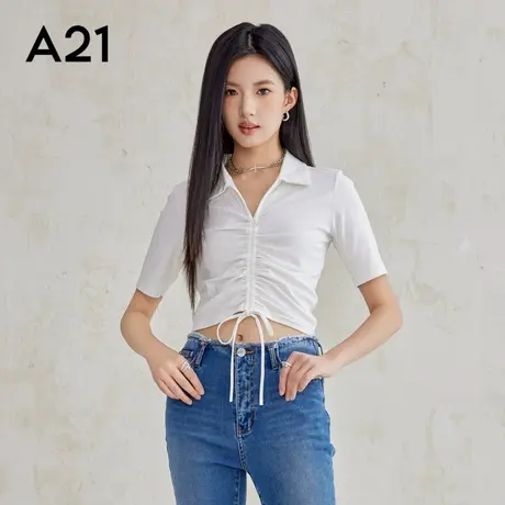 A21女装针织修身翻领半开筒中短袖T恤时尚简约收腰白色上衣T恤衫商品大图