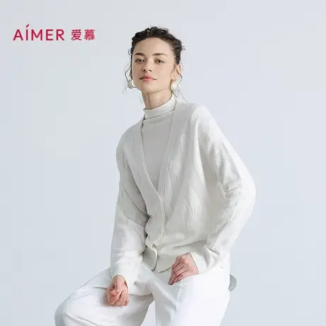 爱慕25秋冬保暖女轻盈针织提花含羊毛开衫长袖上衣AM72B878图片
