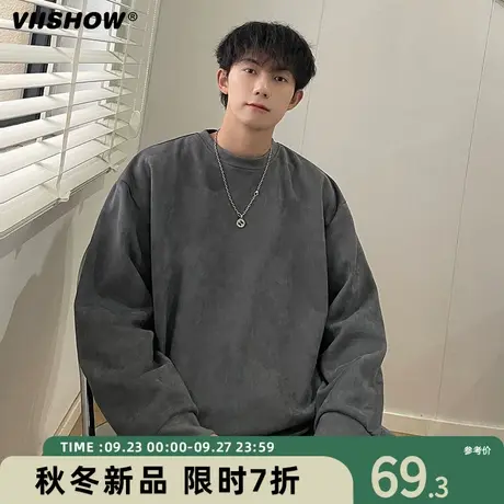 VIISHOW圆领日系宽松长袖卫衣男款秋季ins风外套高街复古麂皮绒商品大图