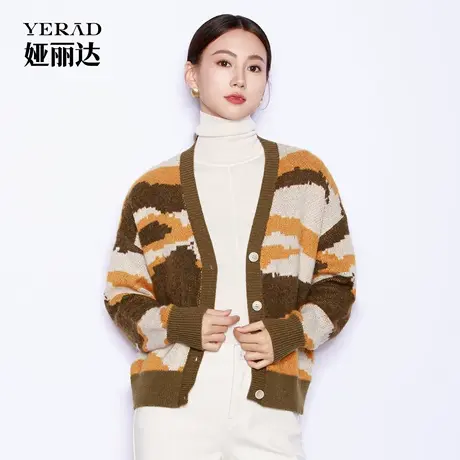 【商场同款】娅丽达撞色条纹开衫女春秋设计感心形扣子羊毛针织衫商品大图