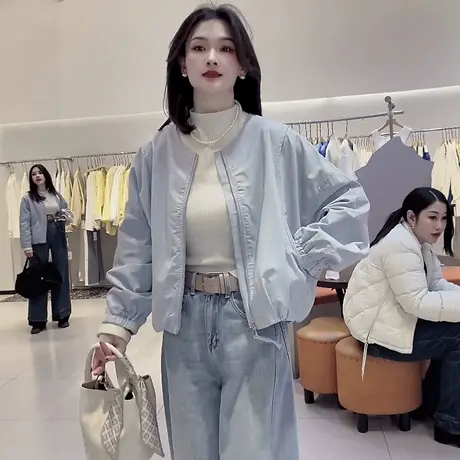 圆领休闲纯色短款棒球服外套女秋季新款小个子简约高级感夹克上衣商品大图