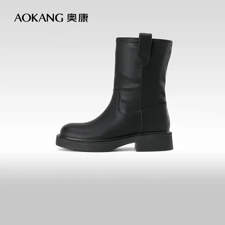 奥康女鞋 冬季新款时尚通勤时装靴棕色粗跟圆头中筒靴马丁靴商品大图