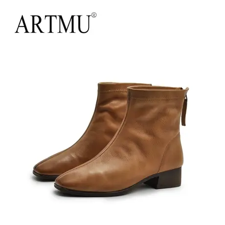 Artmu阿木复古粗跟短靴女方头显瘦女靴子2023秋季新款真皮百搭图片