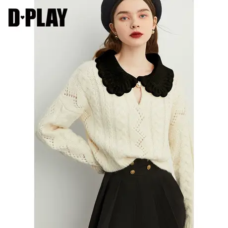 DPLAY冬季新甜美减龄奶油杏娃娃领落肩小个子针织衫套头毛衣商品大图