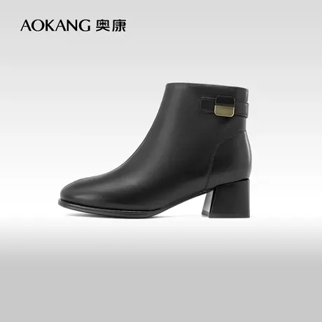 奥康女鞋 2023冬季新款简约英伦风粗跟舒适真皮方头短靴气质优雅商品大图
