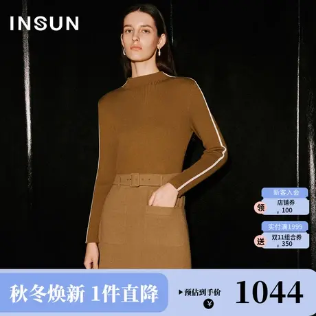 恩裳COVER2023冬装新款假两件H型针梭拼层次感腰带设计商务连衣裙图片