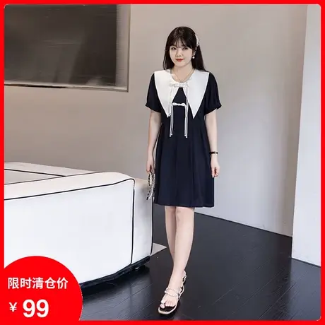 2023年夏季新款娃娃领设计感盘扣收腰大码胖MM连衣裙显瘦遮肉短袖商品大图