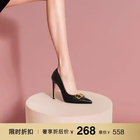 熙漫2023新款气质尖头真皮细跟高跟鞋职业通勤百搭复古黑色单鞋女图片