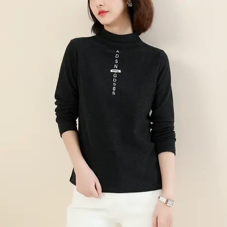 【11月16日8折上新】半高领字母刺绣长袖T恤显瘦百搭打底衫上衣女图片