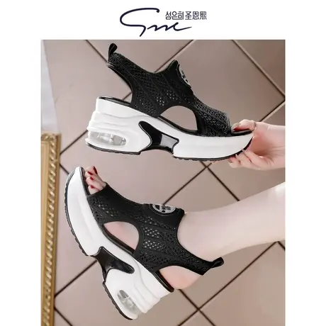 圣恩熙 8cm坡跟运动凉鞋女2024夏季新款百搭露趾休闲鞋透气飞织鞋图片