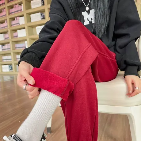 红色束脚毛呢运动裤女冬季高腰九分直筒加绒小个子抽绳休闲卫裤子商品大图