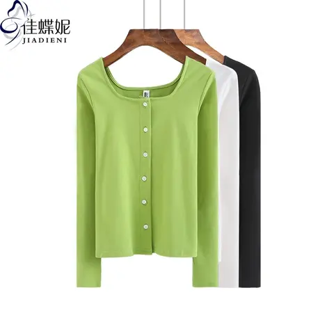 春秋新款方领纯棉修身显瘦加厚开衫长袖体恤韩版纯色女装T恤上衣商品大图